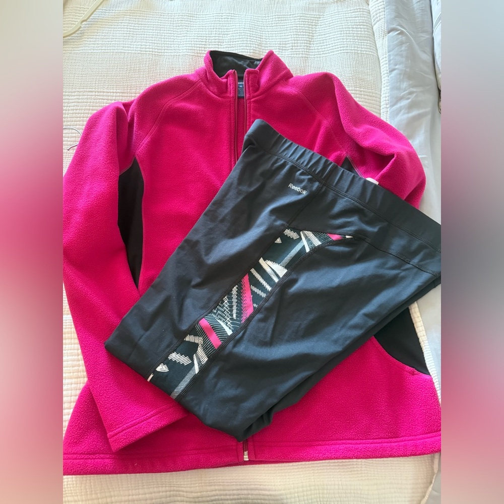 Reebok Fuchsia and Black Jacket with leggings great for workouts or casual wear